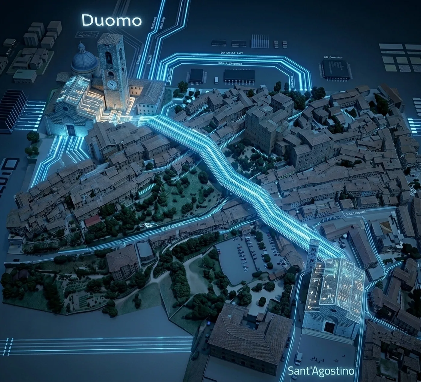Colle Alta vista dall'alto come un circuito stampato: dal Duomo a Sant'Agostino la via del borgo diventa un bus luminoso di dati · il payoff visivo phygital